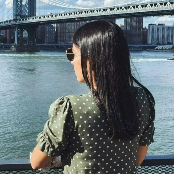 Zara Olive Green And Cream Polka Dot Short Puff Sleeve Midi Dress Size XS - Picture 10 of 15